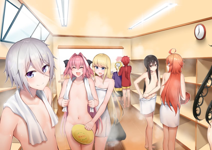 2021 6+boys 8boys ahoge alexander_(fate/grand_order) androgynous armpits ashiya_douman_(fate) astolfo_(fate) black_hair blonde_hair blue_eyes bow brown_eyes changing_room chevalier_d'eon_(fate) clock closed_eyes clothed clothing covering covering_crotch eyebrows_visible_through_hair eyes_visible_through_hair fangs fate/grand_order fate_(series) feet femboy gao_changgong_(fate) gilgamesh_(fate) hair_dryer hair_ribbon highlights highres holding_object holding_towel impossible_hair indoors kitajima_yuuki long_hair looking_at_another looking_at_viewer male male_only mirror multiple_boys naked_towel navel nude oda_nobukatsu_(fate/grand_order) open_mouth pink_hair rama_(fate/grand_order) red_hair reflection ribbon shirt short_hair shorts silver_hair sitting smile standing thighs tongue towel towel_around_neck towel_around_waist trap untied very_long_hair water wet wet_hair white_highlights wholesome yellow_eyes