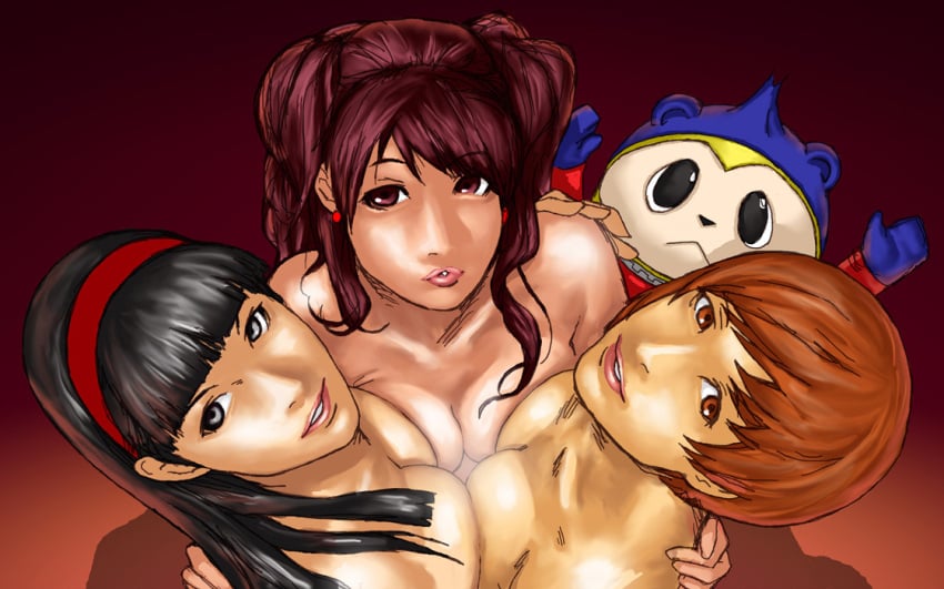 3girls above_view amagi_yukiko black_hair breast_press breast_to_breast brown_hair draghignazzo from_above gradient_background kujikawa_rise lips long_hair looking_at_viewer nude persona persona_4 satonaka_chie short_hair sketch teddie yuri