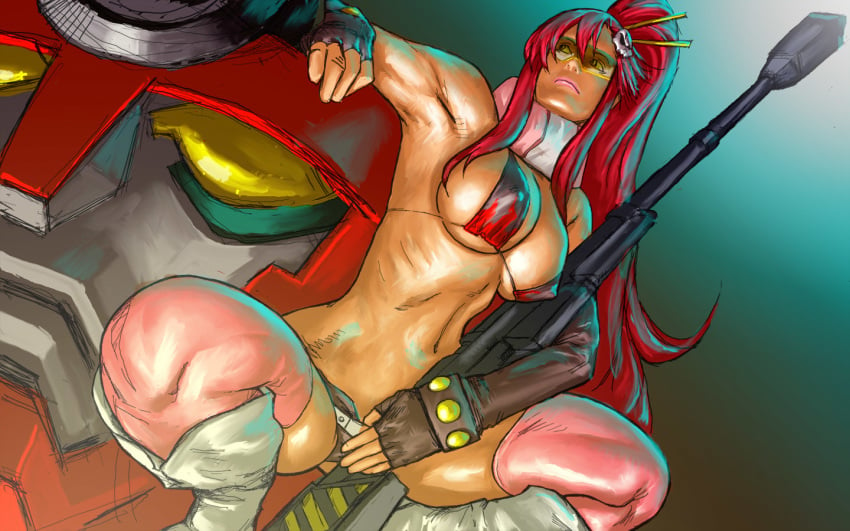 bikini_top draghignazzo fit gun large_breasts lips long_hair mecha pink_lipstick pose red_hair sketch sniper_rifle squatting string_bikini sunglasses tengen_toppa_gurren_lagann thighhighs tinted_eyewear visor yoko_littner