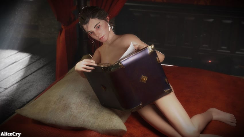 3d a_plague_tale a_plague_tale_innocence alicecry amicia_de_rune book brown_hair casual female female_only human naked nude pale_skin reading solo