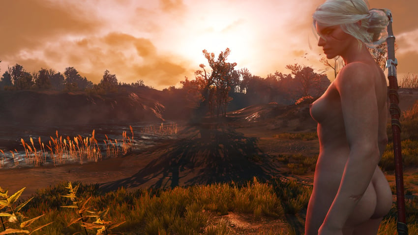 3d ass cd_projekt_red ciri dat_ass forest green_eyes long_hair mod nude_female outdoor scars sword the_witcher_(series) the_witcher_3:_wild_hunt white_hair xpsfm