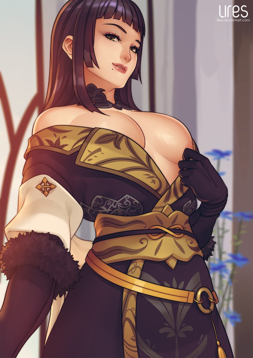 accessories beauty_mark before_sex black_hair breasts choker digital_media_(artwork) dress elbow_gloves final_fantasy final_fantasy_xv fringe fringe_hair gentiana gloves green_eyes hime_cut lires long_hair mole mole_under_mouth nipples undressing