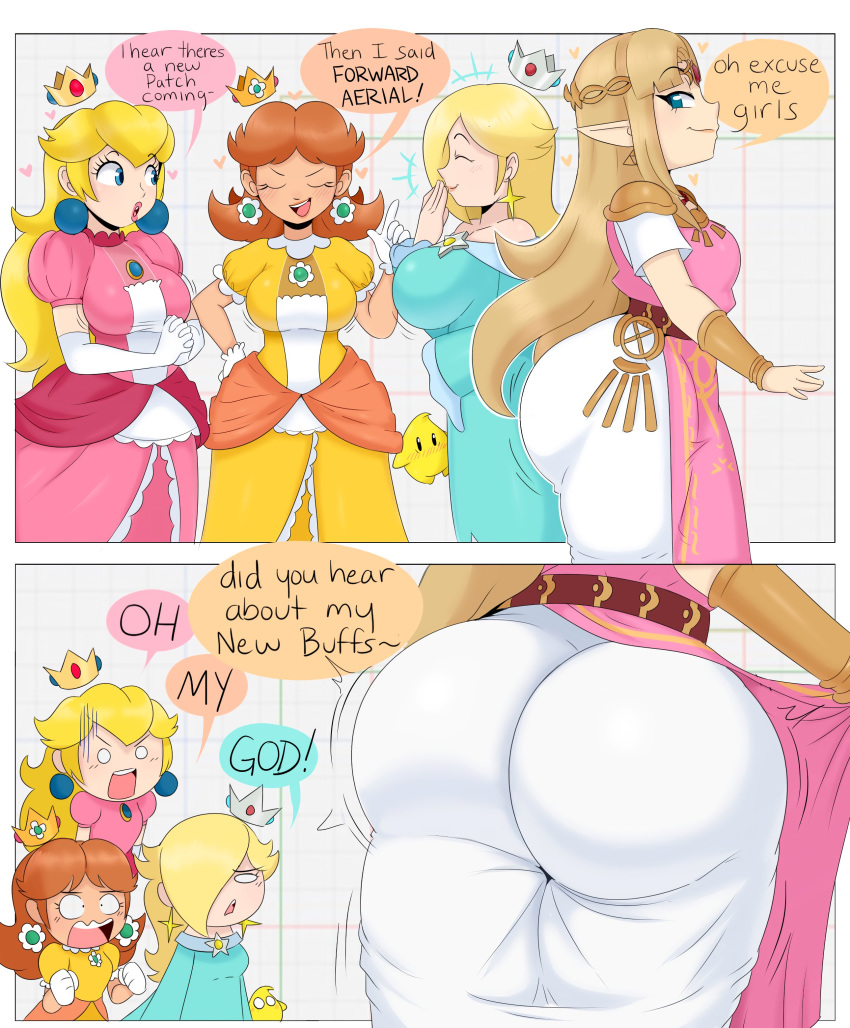 4girls a_link_between_worlds alternate_breast_size ass ass_awe ass_envy ass_focus ass_in_dress back belt big_ass blonde_hair blue_eyes bracer breasts brown_hair bubble_butt cowboy_shot crown curvaceous dat_ass dress dress_lift female female_only forehead_jewel grin high_resolution hourglass_figure huge_ass jinu large_breasts long_hair looking_at_viewer looking_back luma mario_(series) medium_breasts multiple_girls nintendo pauldron pointed_ears pose presenting presenting_hindquarters princess_daisy princess_peach princess_rosalina princess_zelda shiny shiny_clothes side_view small_breasts smile smug super_smash_bros. super_smash_bros._ultimate the_legend_of_zelda thick_thighs thighs tiara very_high_resolution voluptuous wide_hips zelda_(a_link_between_worlds)