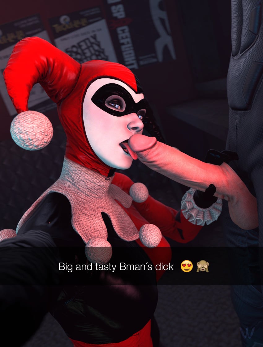 1girls 3d balls batman batman:_arkham_knight batman_(series) big_penis blue_eyes bodysuit dc dc_comics domino_mask eyelashes eyeliner fellatio female female_focus glans harley_quinn harley_quinn_(arkham) harley_quinn_(arkham_knight) harley_quinn_(classic) hourglass_figure kneeling large_penis licking licking_penis lipstick long_penis makeup mascara medium_breasts naughty_face oral oral_sex partial_male penis penis_out selfie selfie_fellatio snapchat social_media standing straight text tongue tongue_out wildynsfw