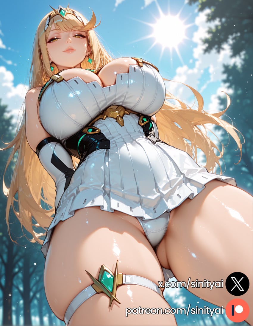 1girls 2025 ai_generated ass big_ass big_breasts blonde_female blonde_hair blue_sky breasts cloud clouds day earrings female forehead_jewel forest forest_background from_below gem hands_behind_back hi_res high_quality high_resolution highres huge_ass huge_breasts huge_thighs long_hair long_sleeves looking_at_viewer looking_down mythra nsfw panties patreon patreon_logo patreon_url patreon_username request sinity small_waist standing thick_thighs thigh_strap thin_waist tiara tree viewed_from_below white_dress white_panties xenoblade_(series) xenoblade_chronicles_2 yellow_eyes yellow_hair