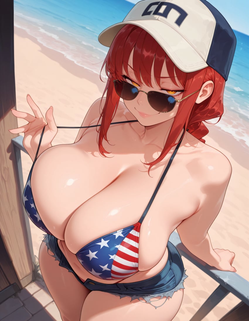 1girls ai_generated alternate_body_type alternate_breast_size american_flag_bikini bare_stomach beach big_breasts bikini braid breasts breasts_bigger_than_head cap chainsaw_man cleavage curvaceous curvy curvy_figure denim_shorts female female_only huge_breasts large_breasts long_hair looking_at_viewer makima_(chainsaw_man) mature_female midriff navel outdoors pov pov_eye_contact red_hair shorts smug solo sunglasses sweat sweatdrop teasing thick_thighs underboob voluptuous water wide_hips yellow_eyes