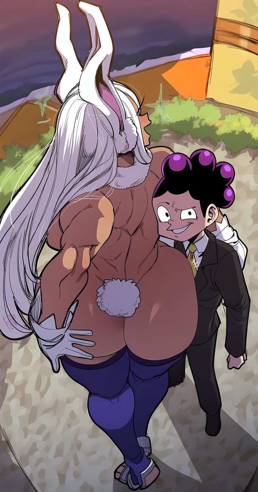 1boy ai_generated ass big_ass big_breasts bubble_butt dark-skinned_female dark_skin female grin height_difference looking_at_viewer male minoru_mineta mirko miruko mullon my_hero_academia novelai nude pimp rumi_usagiyama suit