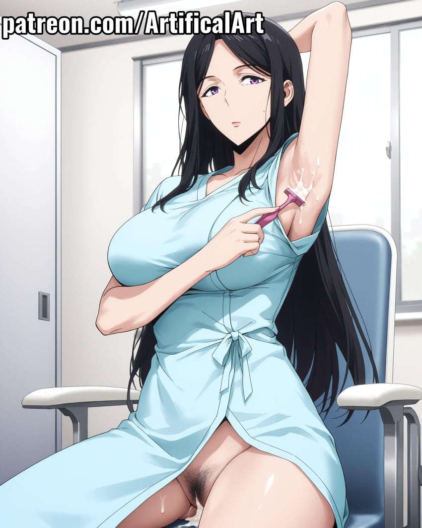 1girls ai_generated armpits artifical_art black_hair clitoris cum_in_pussy eye_bags female hands_behind_head hospital hospital_gown light-skinned_female light_skin long_hair mature mature_female milf mommy mother park_kyung_hye perfect_body purple_eyes pussy shaving_armpits solo solo_leveling