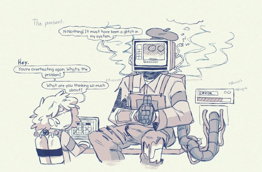 1boy1girl 2025 anthro blush boner boner_in_pants computer computer_head dialogue erection_under_clothes female heydeliveant male monochrome overheating p.ai.nter_(pressure) penis penis_under_clothes pressure_(roblox) roblox robot robot_anthro robot_boy screen_face tagme