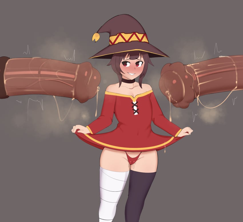 asymmetrical_legwear blushing equine_penis g3mma horsecock kono_subarashii_sekai_ni_shukufuku_wo! megumin multiple_penises precum skirt_lift tagme zoophilia