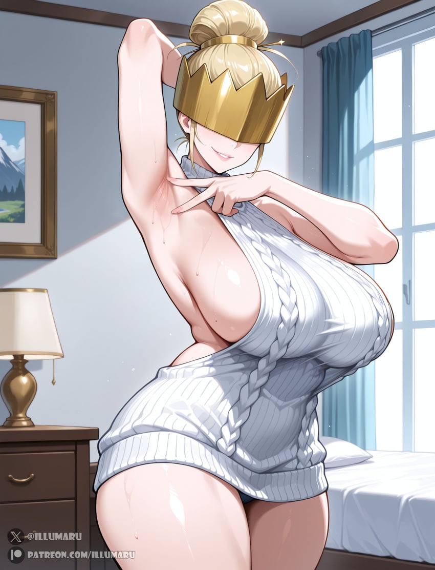 1girls 2025 ai_generated arm_up armpits big_breasts blonde_hair breasts breasts_out crown curvaceous curvy curvy_body curvy_female curvy_figure detailed en&#039;en_no_shouboutai enen_no_shouboutai eyes_covered female female_focus female_only fire_force haumea_(enen_no_shouboutai) haumea_(fire_force) hi_res illumaru large_breasts no_bra open_mouth patreon_username solo spread_armpit stable_diffusion sweater thick_thighs virgin_destroyer_sweater virgin_killer_sweater voluptuous voluptuous_female wide_hips