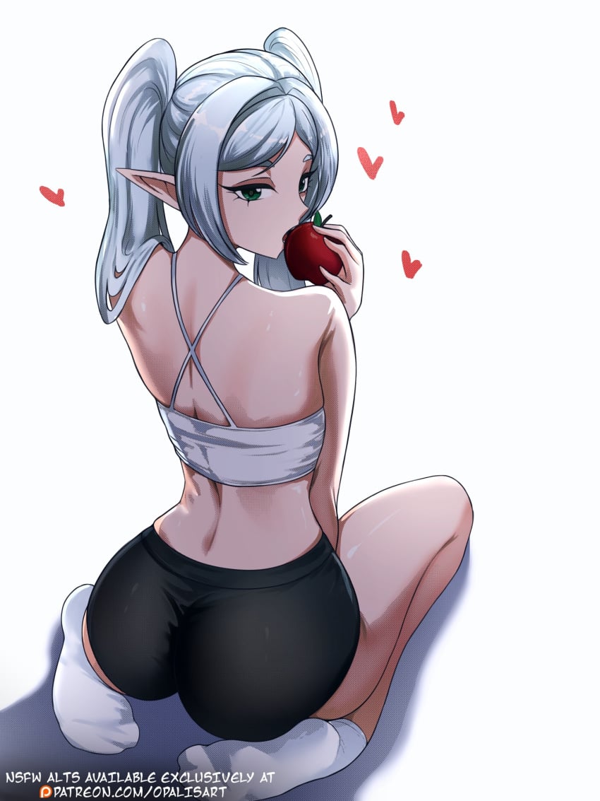 1girls apple artist_name back_view dat_ass elf elf_ears elf_female female frieren frieren_beyond_journey&#039;s_end green_eyes heart kneeling light-skinned_female light_skin opalisart round_ass shorts socks tight_shorts white_background white_hair
