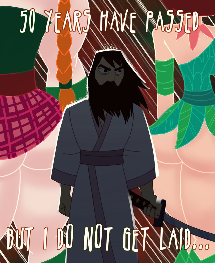 1boy 2girls ashi_(samurai_jack) ass beard big_ass cartoon_network clothed comic dat_ass daughters_of_the_scotsman dress female flora_(samurai_jack) katana leaf_dress male razter samurai_jack samurai_jack_(character) sword weapon