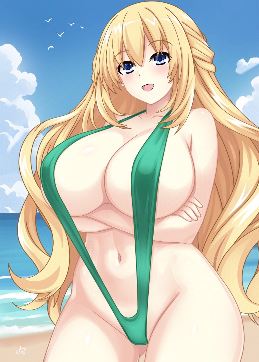:d beach blush breasts crossed_arms dhiparizky green_swimsuit huge_breasts neptunia_(series) signature slingshot_swimsuit smile thick_thighs vert wide_hips