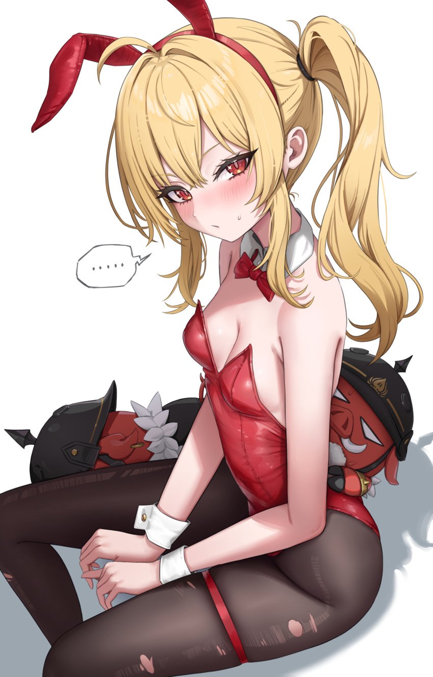 ... 1girls absurdres animal_ears black_pantyhose blonde_hair bow bowtie breasts cleavage detached_collar fake_animal_ears female highres icetea_art leotard long_hair looking_at_viewer luciana_de_montefio lucy&#039;s_crew_(zenless_zone_zero) pantyhose playboy_bunny rabbit_ears red_bow red_bowtie red_eyes red_leotard side_ponytail sitting small_breasts solo spoken_ellipsis torn_clothes torn_pantyhose zenless_zone_zero