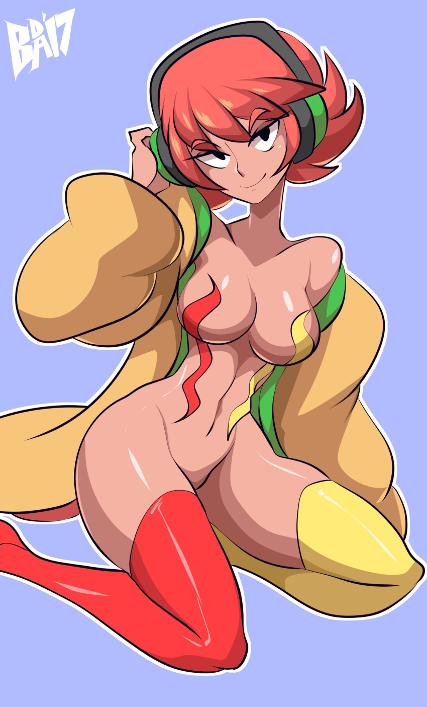 1girls bad_censor bigdead93 bigdeadalive breasts covered_nipples covering dark_skin female headphones hot_dog_(snapchat) looking_at_viewer naked nude red_hair red_thighhighs snapchat solo yellow_thighhighs