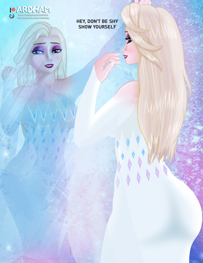 1girls ardham ass big_ass disney elsa_(frozen) female female_only frozen_(film) frozen_2 hair_down huge_ass large_ass large_breasts mirror pinup queen reflection seductive solo