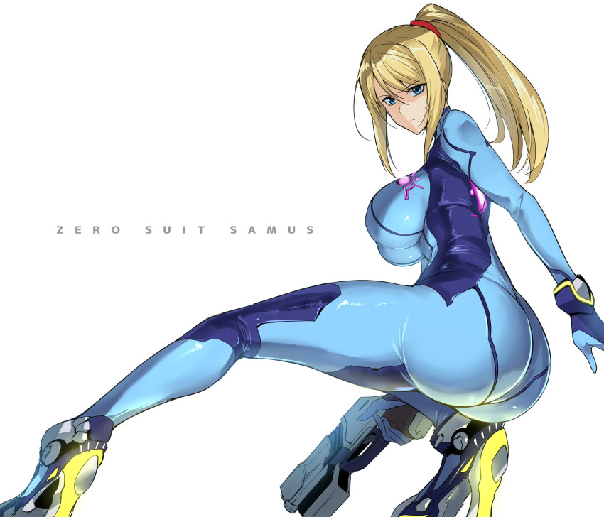 ass big_ass big_butt blonde_hair blue_eyes blush bubble_ass bubble_butt butt dat_ass female_only halcon harukon_(halcon) huge_ass huge_butt large_ass looking_at_viewer metroid nintendo round_ass samus_aran solo thick_ass wide_hips zero_suit zero_suit_samus