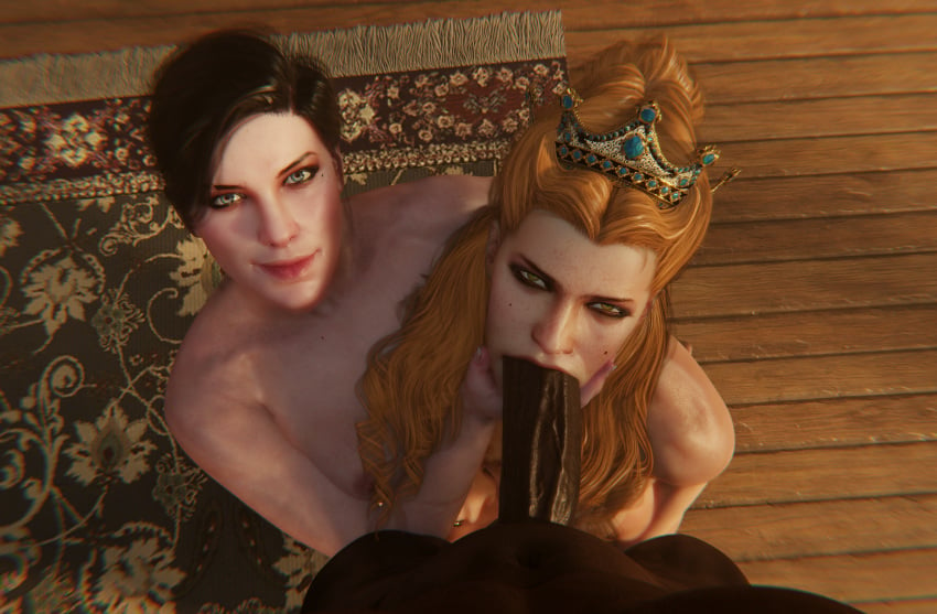 1boy 2girls 3d 3d_(artwork) anna_henrietta assisted_fellatio blender cd_projekt_red currysfm dark-skinned_male dark_skin fellatio interracial large_penis penis royalty syanna teamwork the_witcher_(series) the_witcher_3:_wild_hunt threesome uncensored