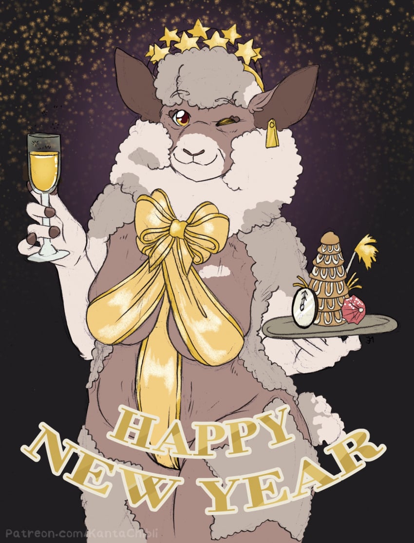 5_fingers alcohol anthro beverage bovid breasts caprine champagne ear_piercing ear_tag elderly_anthro elderly_female english_text female fingers fur gift_wrapped grey_body grey_fur hi_res holidays humanoid_hands kantachibli mammal michelle_(kantachibli) multicolored_body multicolored_fur navel new_year nipples one_eye_closed piercing sagging_breasts sheep smile solo standing stretch_marks text two_tone_body two_tone_fur url white_body white_fur white_wool wink wool_(fur)