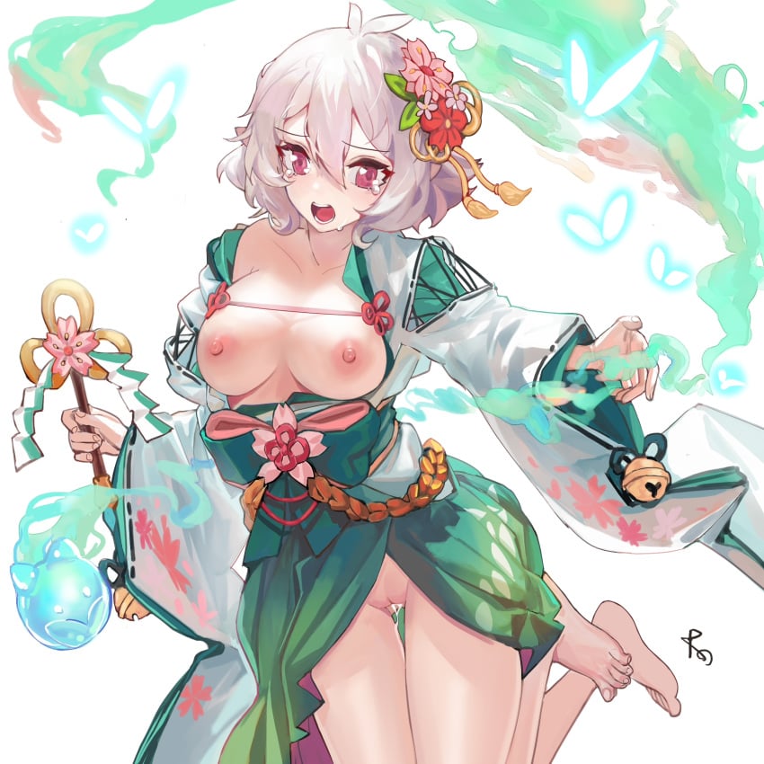 alternate_breast_size antenna_hair ass ass_visible_through_thighs bangs bare_shoulders barefoot bell breasts breasts_out collarbone crying crying_with_eyes_open cum cum_in_pussy cumdrip elf eyebrows_visible_through_hair female flower green_kimono hair_flower hair_leaf hair_ornament highres hitodama japanese_clothes kimono kokkoro_(princess_connect!) medium_breasts nipples off-shoulder_kimono off_shoulder open_mouth pink_eyes pointy_ears princess_connect! princess_connect!_re:dive prossss pussy short_hair sidelocks silver_hair solo tearing_up tears thighs wand wide_sleeves