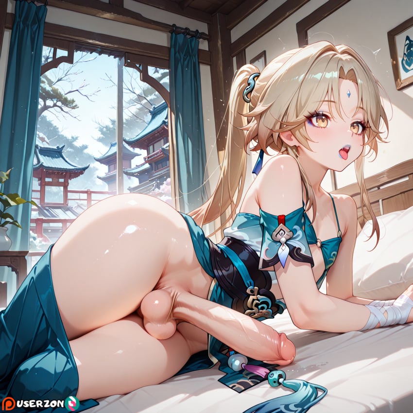 ai ai_generated anime ass big_dick big_penis blonde_hair fat_ass femboy gay genitals hentai highres hips hips_wider_than_shoulders honkai:_star_rail hoyoverse lying lying_on_bed male male_only massive_penis partially_clothed penis pose posing slim_waist solo solo_focus solo_male trap twink uncensored userzon video_game_character video_games waist yanqing_(honkai:_star_rail) yaoi
