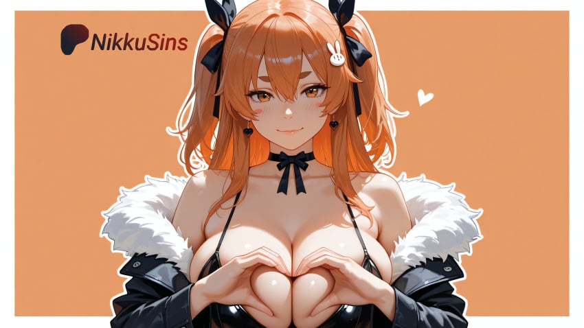 ai_generated big_breasts boob_heart breasts coat furcoat hair hair_ornament orange_eyes orange_hair