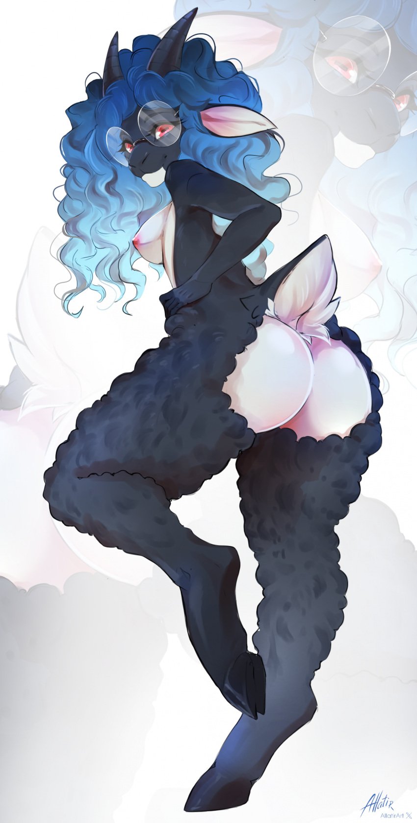 2025 5_fingers absurd_res allatir anthro areola ass blue_hair bovid breasts caprine cloven_hooves digital_media_(artwork) eyewear female fingers fur glasses grey_body grey_fur grey_tail hi_res hooves horn looking_at_viewer looking_back looking_back_at_viewer mammal nipples nude nude_anthro nude_female rear_view red_eyes sheep simple_background smile solo standing tail