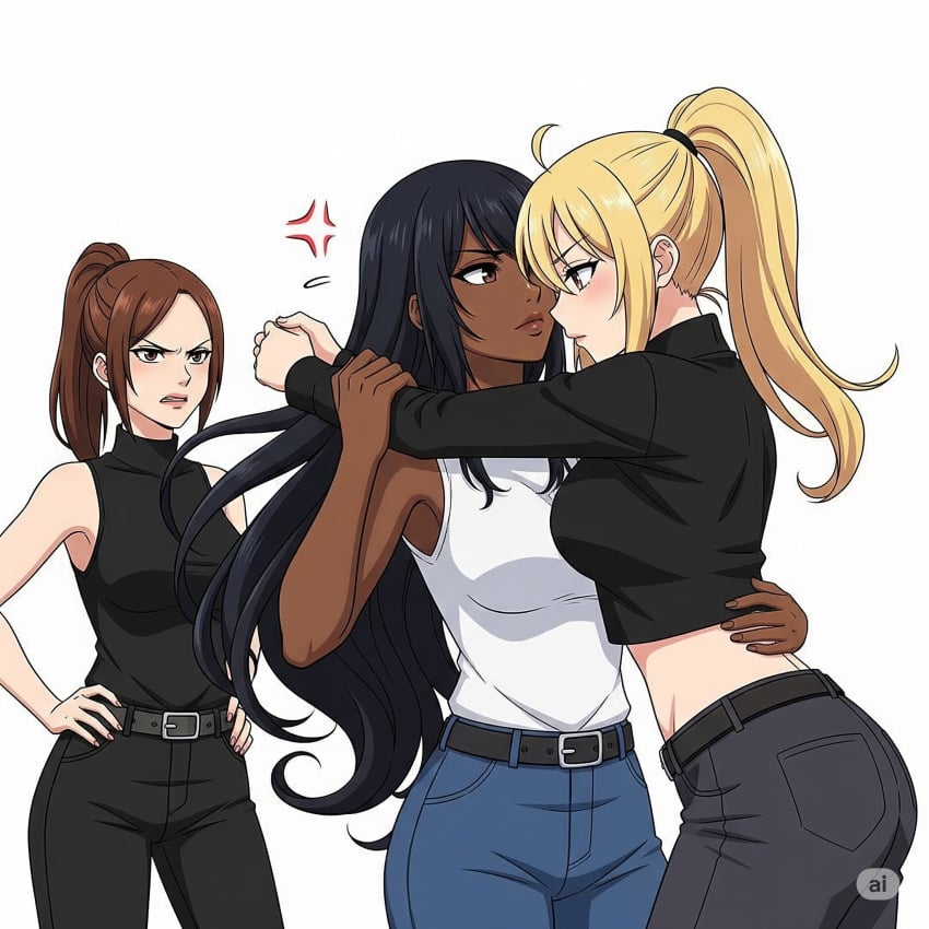 3girls ai_generated angry angry_expression angry_face black_hair blonde_female blonde_hair brown_hair carl_johnson catalina_vialpando grand_theft_auto grand_theft_auto:_san_andreas hugging rule_63 wfyst
