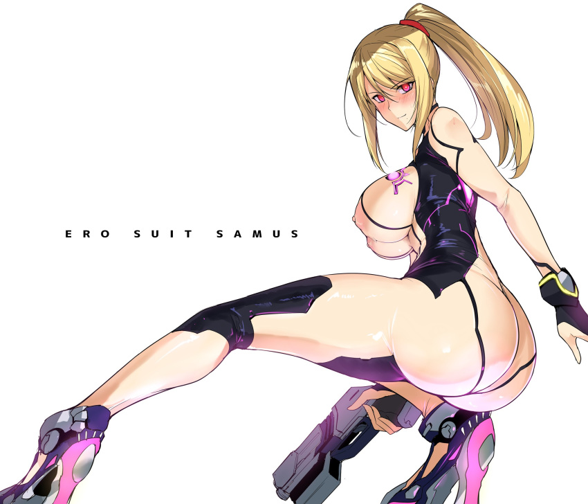 1girls alternate_color ass bangs blonde_hair blush bodysuit breasts character_name closed_mouth female hair_ornament hair_scrunchie halcon harukon_(halcon) high_heels high_resolution holding holding_weapon large_breasts legs long_hair looking_at_viewer metroid mole mole_under_mouth neon_trim nintendo nipples paralyzer ponytail samus_aran scrunchie see-through shiny shiny_clothes shiny_hair shoes sidelocks simple_background skin_tight solo super_smash_bros. swept_bangs tied_hair weapon white_background zero_suit zero_suit_samus