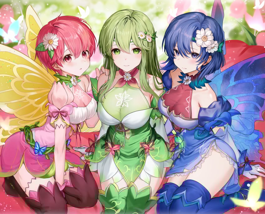 3girls alternate_costume big_breasts blue_eyes blue_hair breast_size_difference breasts butterfly catria_(fire_emblem) cleavage est_(fire_emblem) female female_only fire_emblem fire_emblem:_mystery_of_the_emblem fire_emblem:_new_mystery_of_the_emblem fire_emblem:_shadow_dragon fire_emblem:_shadow_dragon_and_the_blade_of_light fire_emblem_heroes flower flower_in_hair green_eyes green_hair hair_color_difference hair_length_difference haru_(nakajou-28) human human_only kneeling long_hair matching_hair_and_eyes medium_breasts medium_hair nintendo official_alternate_costume palla_(fire_emblem) pink_eyes pink_hair short_hair siblings sisters sitting sitting_together small_breasts very_high_resolution