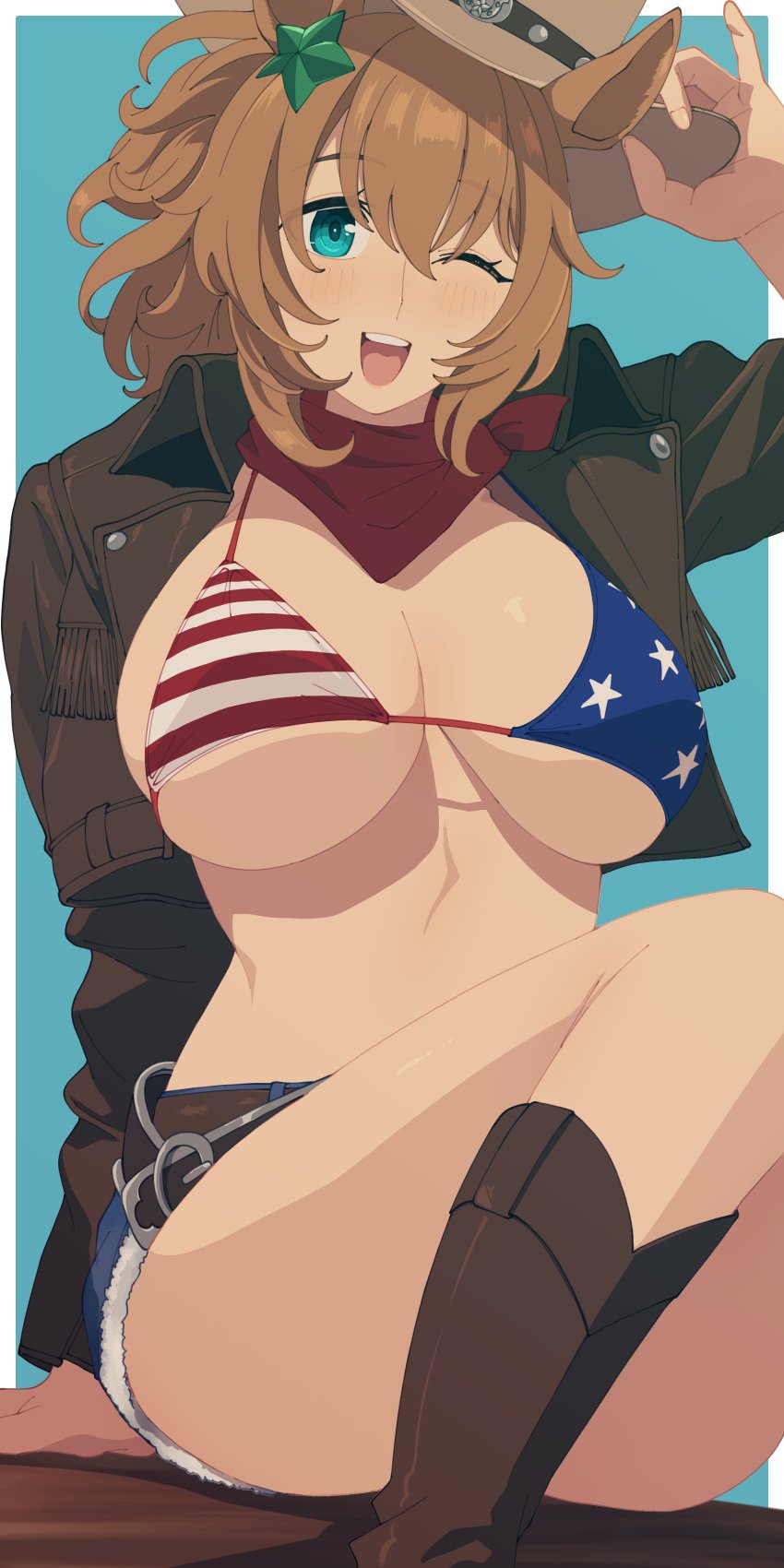 american_flag american_flag_bikini bandana bandana_on_neck big_breasts blue_eyes blush breasts brown_hair cleavage cowboy_boots cowboy_hat cowgirl cropped_jacket denim_shorts female female_only fringe_trim hair_ornament horse_ears horse_girl kemonomimi leather_jacket light_brown_hair looking_at_viewer neckerchief ponytail short_shorts smile solo star_hair_ornament taiki_shuttle_(umamusume) teal_background umamusume umamusume_pretty_derby underboob wink