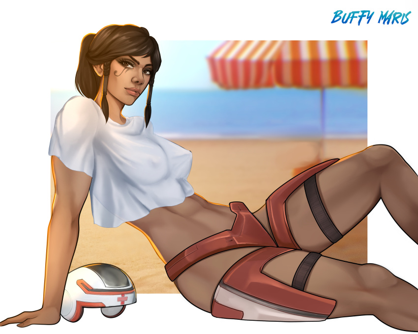 abs blizzard_entertainment buffy_maris dark-skinned_female dark_hair dark_skin female fit_female lifeguard muscle_mommy muscles muscular muscular_female overwatch pharah pharah-best-girl summer wet_clothes wet_shirt wetshirt