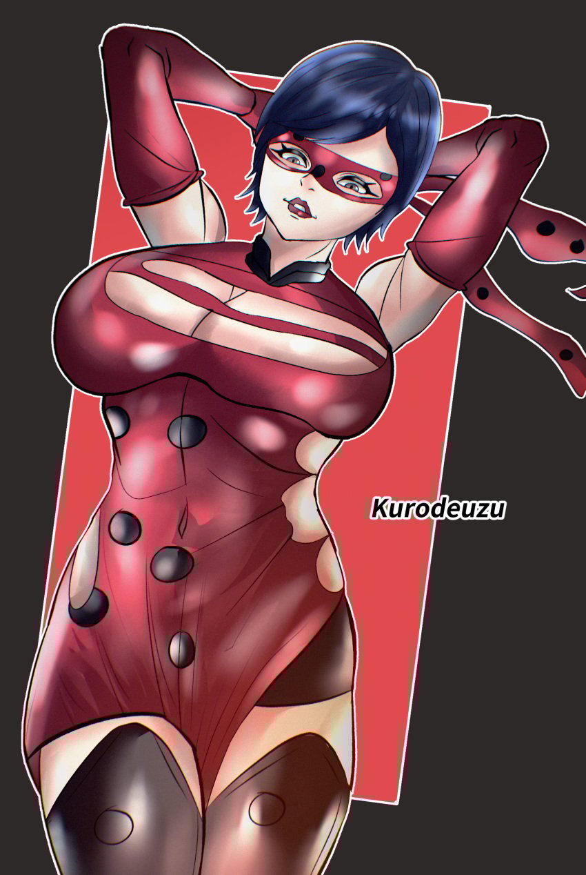 asian asian_female bodysuit breasts child_bearing_hips color curvy female full_body high_heels huge_breasts kurodeuzu mask masked_female mature_female milf miraculous_ladybug purple_hair sabine_cheng sketch standing text text_bubble thick_thighs voluptuous wide_hips