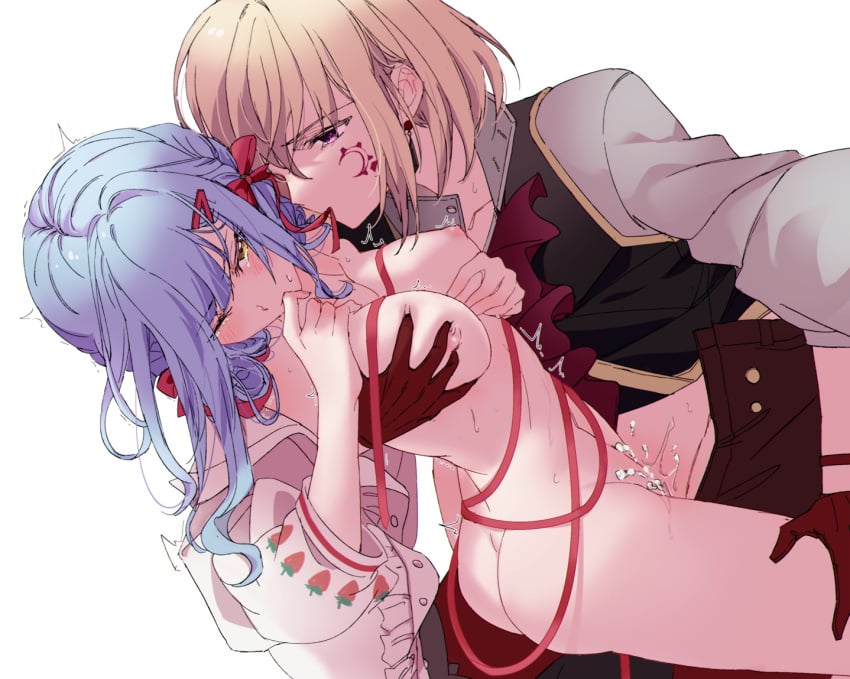 2girls ass aver_(yumenokessho) bang_dream! bang_dream!_it&#039;s_mygo!!!!! black_vest blonde_hair blue_hair blush bow breasts commentary cum doloris_(bang_dream!) facial_mark female futa_with_female futanari groping hairbow intersex large_breasts long_hair misumi_uika multiple_girls nipples one_eye_closed red_bow rhapsode sex short_hair sidelocks simple_background sweets_paradise symbol-only_commentary togawa_sakiko vest white_background yellow_eyes yumenokessho