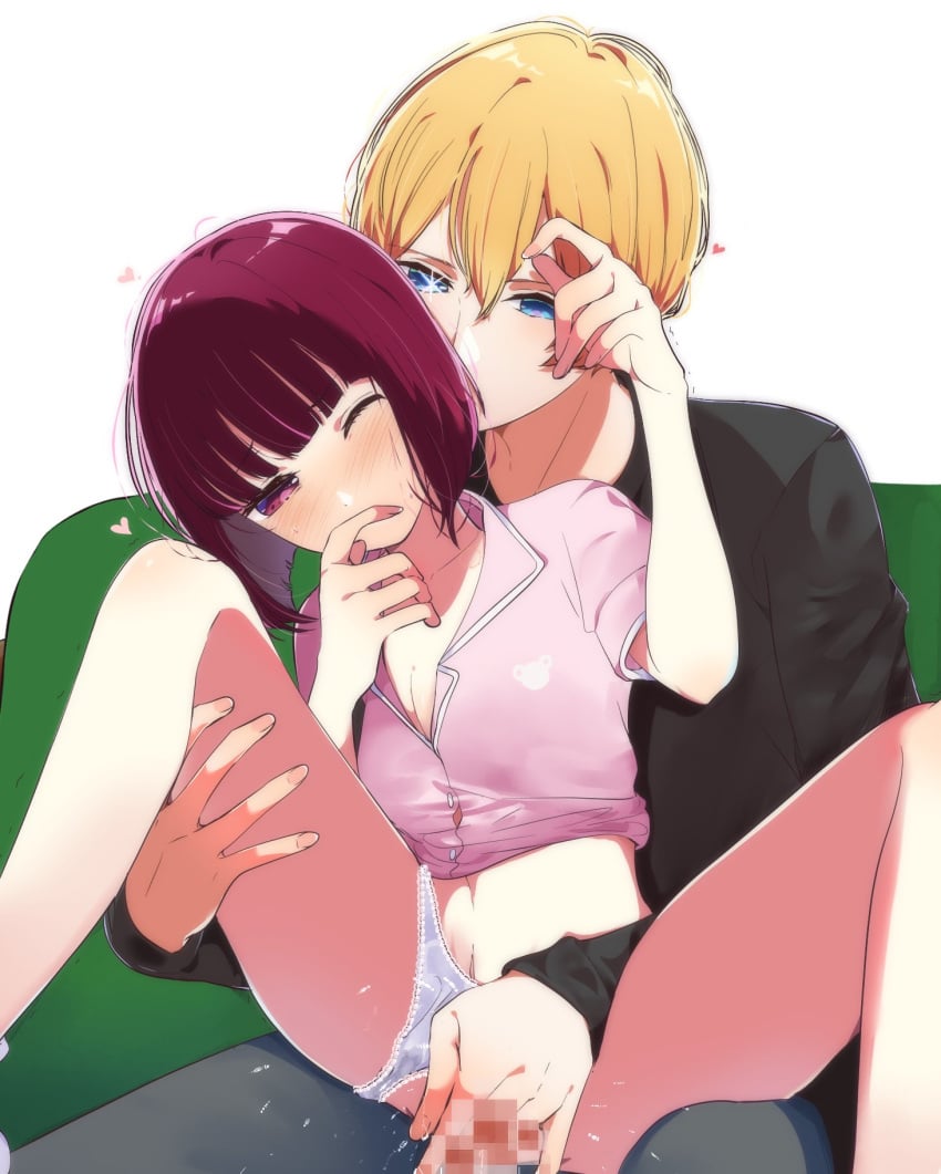 1boy aquakana_love arima_kana black_shirt blonde_hair blue_eyes breasts censored cleavage clothing_aside collarbone couple cowgirl_position dress_shirt female fingerless_gloves gloves grey_pants hair_between_eyes highres hoshino_aquamarine male midriff mosaic_censoring navel one_eye_closed oshi_no_ko panties panties_aside pants penis pink_shirt pussy pussy_juice red_eyes red_hair sex shirt short_hair short_sleeves small_breasts star-shaped_pupils star_(symbol) stomach straight symbol-shaped_pupils underwear vaginal_penetration white_background