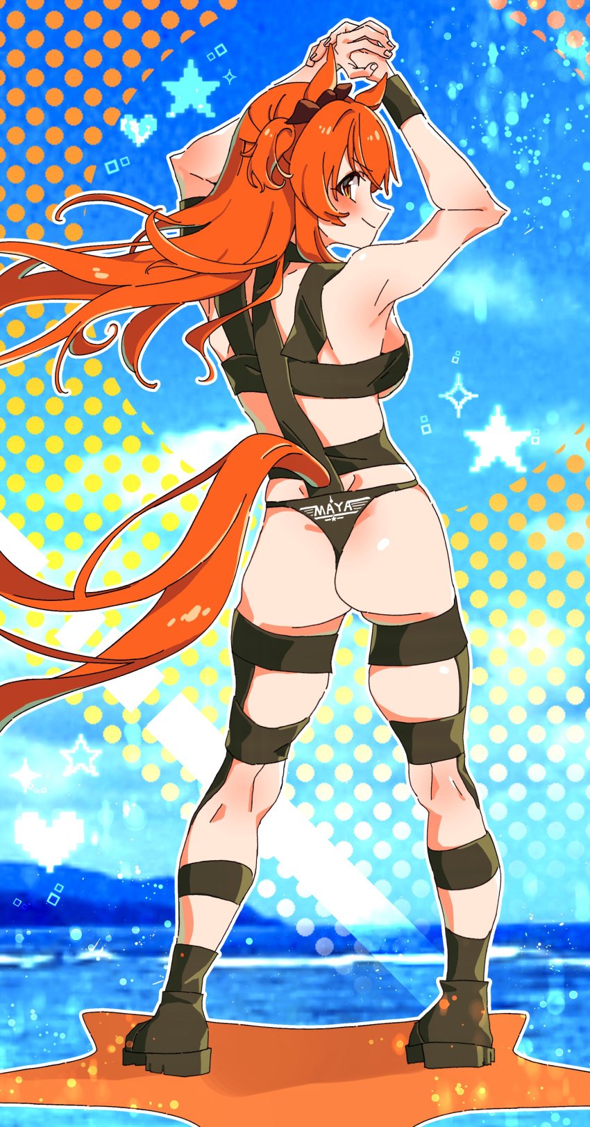 1girls ass breasts clothing_cutout female female_only full_body horse_ears horse_girl horse_tail hot_limit looking_at_viewer looking_back mayano_top_gun_(umamusume) medium_breasts orange_hair panties sarabure smile solo swimsuit t.m.revolution tail tail_through_clothes umamusume yellow_eyes
