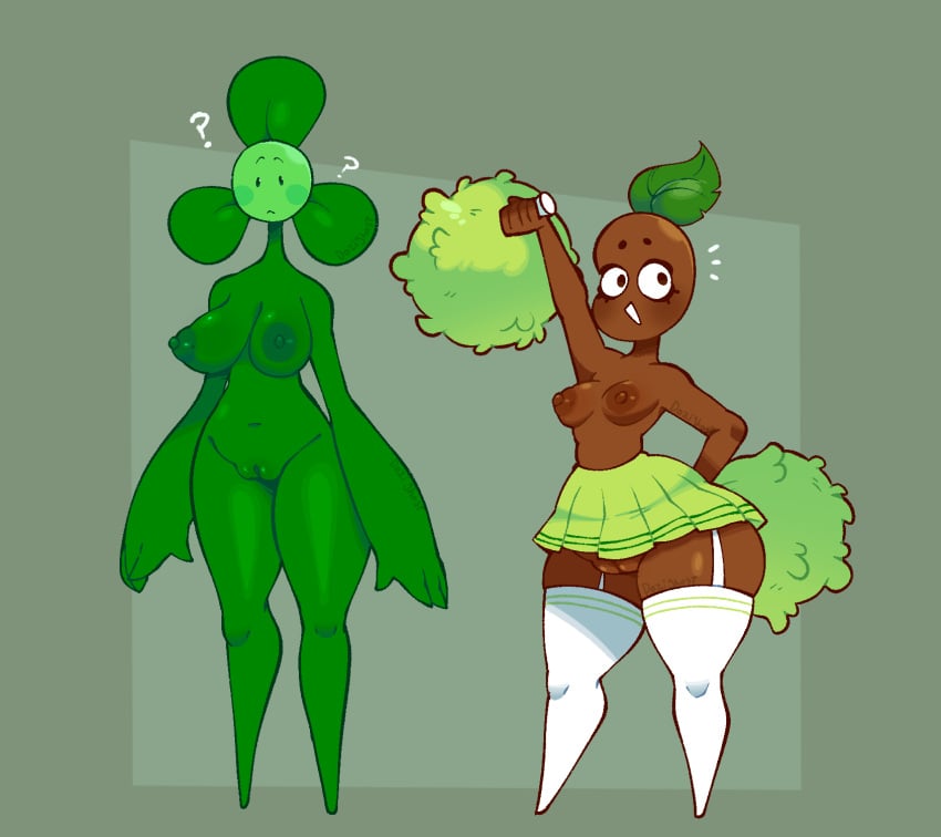 2024 4_fingers 5_fingers areola artist_name bean belly big_breasts black_eyes blover_(pvz) blush bottomless bottomwear breasts brown_areola brown_body brown_nipples brown_skin brown_vulva cheerleader cheerleader_outfit clothed clothing clover_(plant) coffee_bean_(pvz) colored confusion curvy_figure digital_drawing_(artwork) digital_media_(artwork) dozighost duo elemental_creature elemental_humanoid english_text female fingers flora_fauna flower flower_creature flower_humanoid genitals glistening glistening_areola glistening_belly glistening_body glistening_breasts glistening_genitalia glistening_nipples glistening_skin glistening_vulva green_areola green_background green_body green_bottomwear green_clothing green_nipples green_pom_poms green_skin green_skirt green_vulva hi_res humanoid humanoid_hands leaf leaf_hair legwear navel nipples open_mouth open_smile pedals plant plant_hair plant_humanoid pom_poms pseudo_hair pussy shaded signature simple_background simple_eyes simple_face skirt smile standing text thick_thighs thigh_highs topless voluptuous voluptuous_female vulva watermark white_clothing white_legwear white_sclera white_thigh_highs
