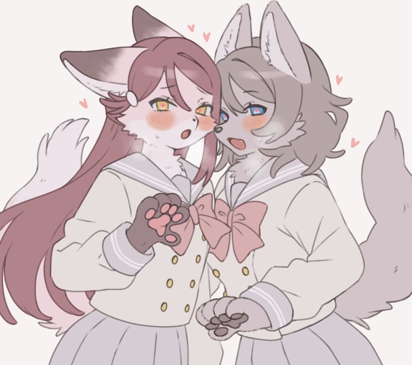 blue_eyes brown_hair fur furrification furry grey_hair heart heart-shaped_pupils long_hair love_live! love_live!_sunshine!! multiple_girls necktie pawpads red_hair sakurauchi_riko school_uniform serafuku short_hair symbol-shaped_pupils tail uranohoshi_school_uniform watanabe_you yellow_eyes
