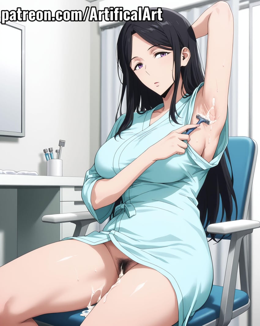1girls ai_generated armpits artifical_art black_hair clitoris cum_in_pussy eye_bags female hands_behind_head hospital hospital_gown light-skinned_female light_skin long_hair mature mature_female milf mommy mother park_kyung_hye perfect_body purple_eyes pussy shaving_armpits solo solo_leveling