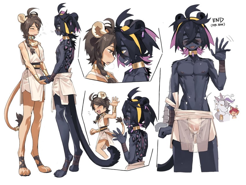 3boys animal_ears black_fur black_hair body_fur brown_fur brown_hair commentary crispin_(pokemon) drayton_(pokemon) english_commentary female furrification furry furry_female furry_with_furry highres juliana_(pokemon) kieran_(pokemon) knifedragon male multicolored_hair multiple_boys penis pokemon pokemon_sv purple_hair see-through_clothes simple_background tail two-tone_hair uncensored white_background