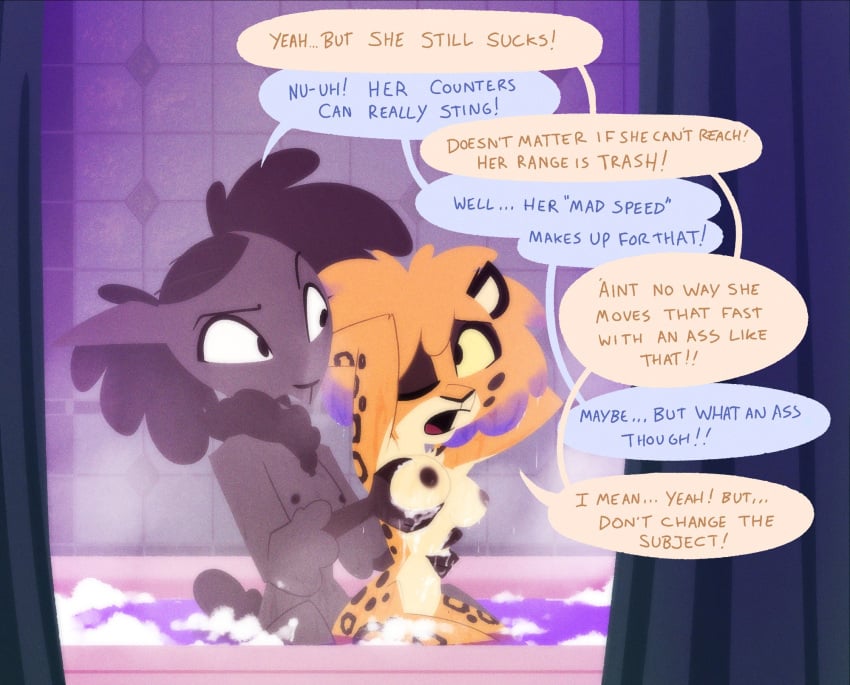 2025 anthro anton_(willwri) areola argument barika_(willwri) bathing_another bathtub biped bovid breast_grab breasts caprine cheetah curtains dialogue duo felid feline female fur hand_on_breast hand_on_torso hands_behind_head hi_res highlights_(coloring) looking_at_another looking_at_partner looking_back looking_back_at_another looking_back_at_partner male male/female mammal medium_breasts nipples one_eye_closed open_mouth partially_submerged pusszone sheep side_view sitting_on_another small_waist soapy_breasts speech_bubble wet wet_body wet_fur wet_hair wide_hips yellow_sclera