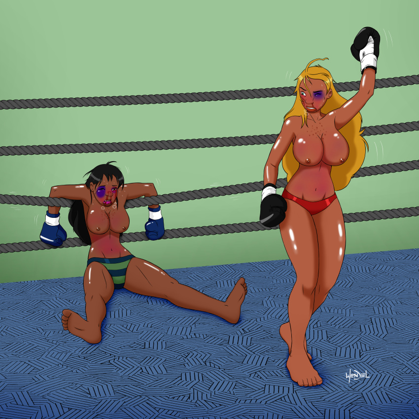 2girls after_fight barefoot black_boxing_gloves black_eyes black_gloves black_hair blonde_hair blood blue_boxing_gloves blue_gloves boxing boxing_gloves boxing_ring boxing_tape bruise bruised_eye bruises dark-skinned_female dark_skin defeated disney drawing-4ever female female_only fighting_ring gloves highres human knocked_out lifeguard_(lilo_and_stitch) lilo_and_stitch lips long_hair looking_at_another mostly_nude multiple_girls nani_pelekai nipples panties shiny_skin straight_hair teeth thick thick_thighs thighs topless topless_boxing wide_hips