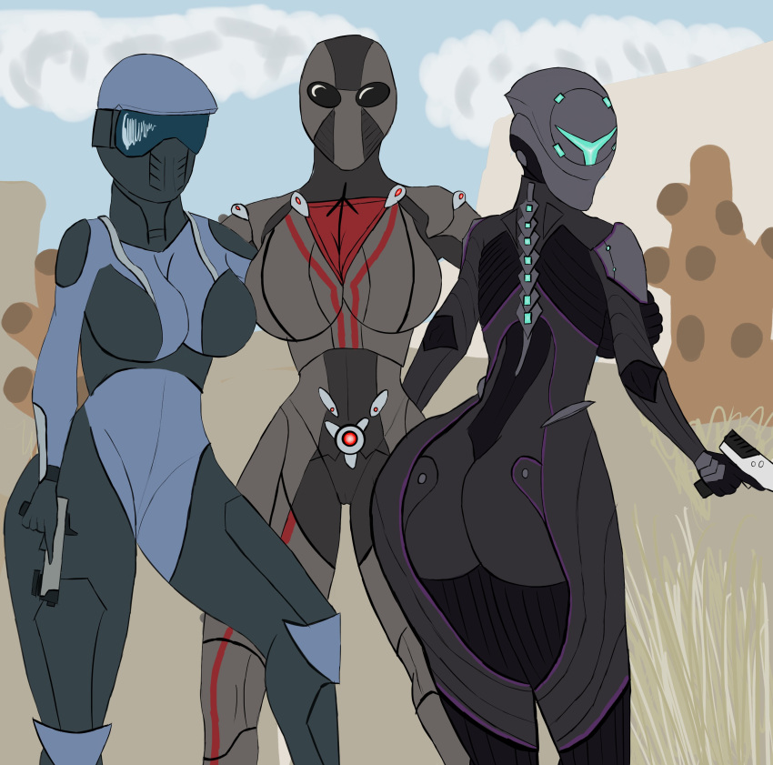 3girls arched_back armor armour big_ass flat_colors gun helmet obscured_face planetside planetside_2 presenting_hindquarters sci-fi science_fiction simple_background skintight soldier vanu_infiltrator