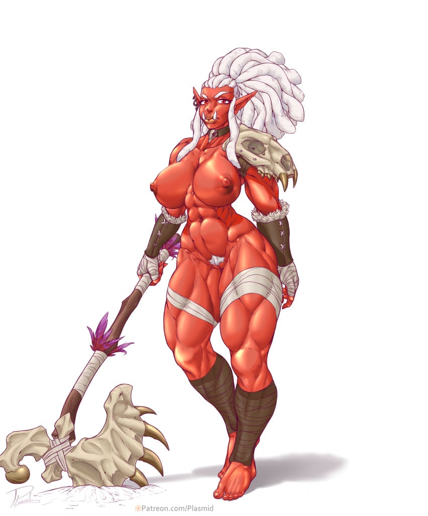 abs axe bandage big_breasts bone breasts dreadlocks female genitals hair hi_res humanoid humanoid_pointy_ears melee_weapon mostly_nude muscular muscular_female nargog nipples orc orc_female plasmidhentai pubes pussy quads red_body red_skin simple_background skull solo text tusks url weapon white_background white_hair wide_hips