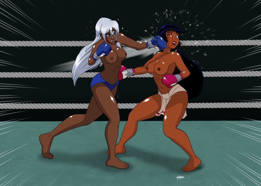 2girls atlantis:_the_lost_empire barefoot black_eyes black_hair blood blue_boxing_gloves blue_eyes blue_gloves blue_hair boxing boxing_gloves boxing_ring boxing_tape breasts brown_eyes catfight cheek_punch chel crossover dark-skinned_female dark_skin disney drawing-4ever dreamworks eye_contact eyes_visible_through_hair female female_only fight fighting_ring fringe gloves hair_between_eyes highres hime_cut human kida latina lips lipstick long_hair magenta_boxing_gloves magenta_gloves mostly_nude multiple_girls native_american nipples panties petite punch ryona straight_hair teeth the_road_to_el_dorado thick thick_hips thick_thighs thighs topless topless_boxing white_hair wide_hips