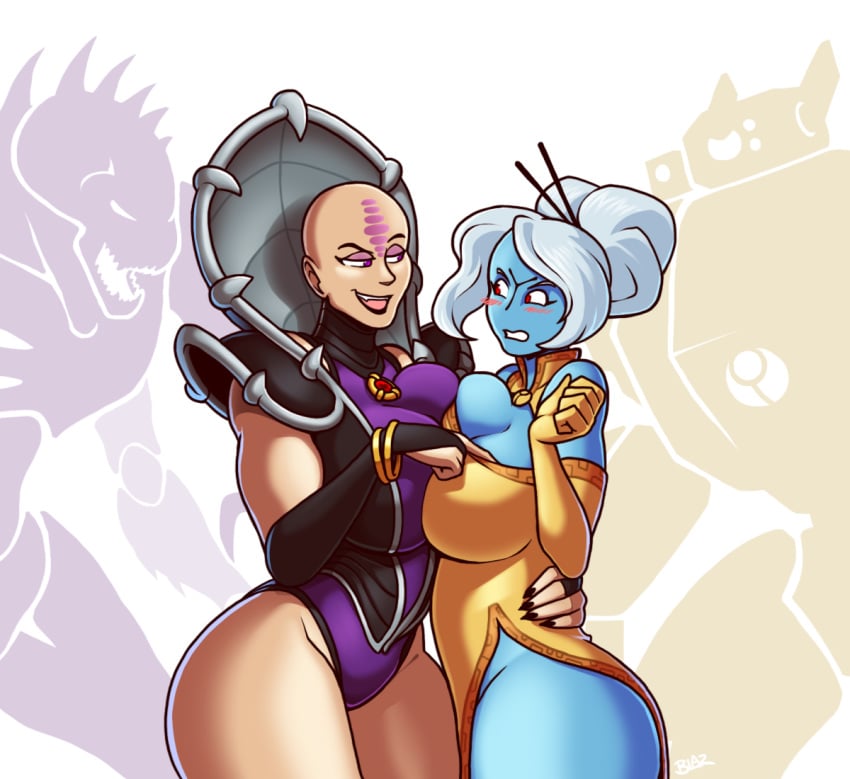 2girls angry bald big_ass big_breasts black_lips black_nails blazbaros blue_skin bracelet breast_grab breast_press breasts bridal_gauntlets chinese_clothes curvy games_workshop genestealer genestealer_magus hand_on_another's_waist high_collar huge_breasts jewelry leotard light-skinned_female light_skin mecha monster multiple_girls muscular_female no_panties purple_eyes red_eyes red_hair seductive_smile sharp_nails sharp_teeth symmetrical_docking tau teasing thick_thighs tyranid warhammer_(franchise) warhammer_40k white_hair wide_hips yuri