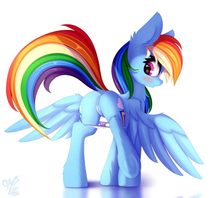 2020 anus ass clothing cutie_mark digital_media_(artwork) equid equine feathered_wings feathers female feral friendship_is_magic genitals hi_res hooves mammal my_little_pony omiart pterippus pussy rainbow_dash_(mlp) simple_background solo underhoof underwear white_background wings