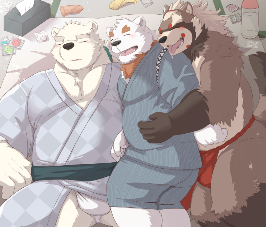 2020 3boys anthro asian_clothing ass bed belly blush brown_body brown_fur bulge canid canine closed_eyes clothing condom dildo east_asian_clothing fundoshi fur furniture gay goemon_(tokyo_afterschool_summoners) group hi_res hug hugging_from_behind humanoid_hands japanese_clothing kemono leib_(tokyo_afterschool_summoners) lying male male/male male_only mammal overweight overweight_male polar_bear raccoon_dog robe sex_toy tanuki tokyo_afterschool_summoners tongue tongue_out underwear ursid ursine v2wolf video_games white_body white_fur yaoi