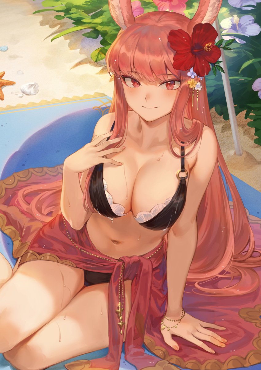 1girls afk_arena bangs big_breasts breasts cleavage female female_only large_breasts long_hair looking_at_viewer lyca_(afk_arena) mashu_003 pink_hair solo swimsuit